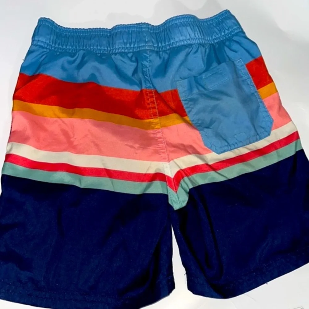 Boys M Blue Striped Mid-Thigh with Mesh Lining Swim Trunks
